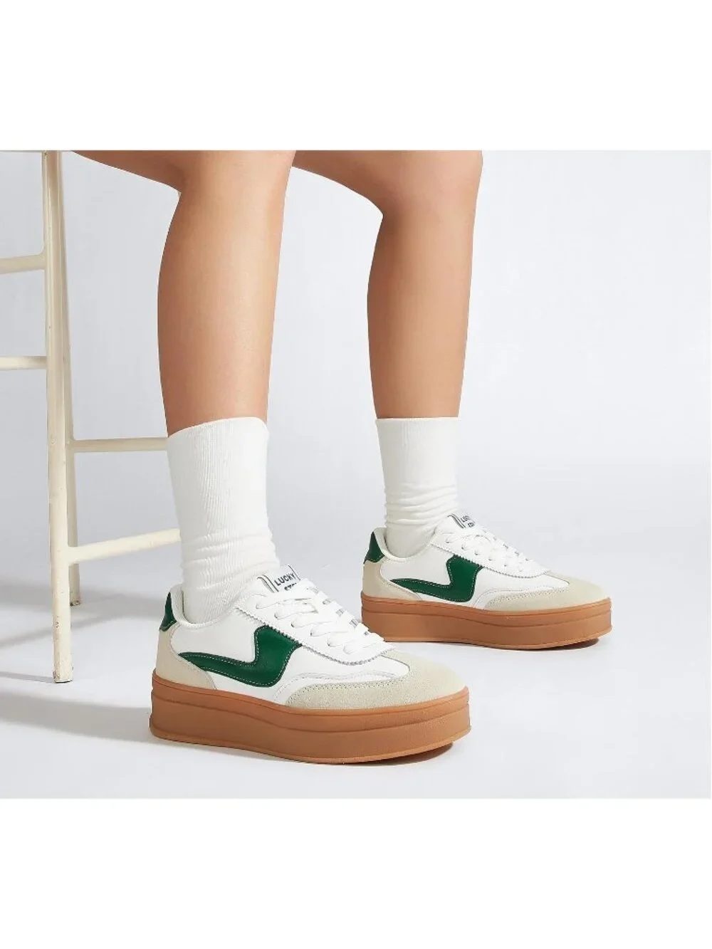 🆕Women's White Green Platform Fashion Sneakers Thick Sole Casual Walking Shoes